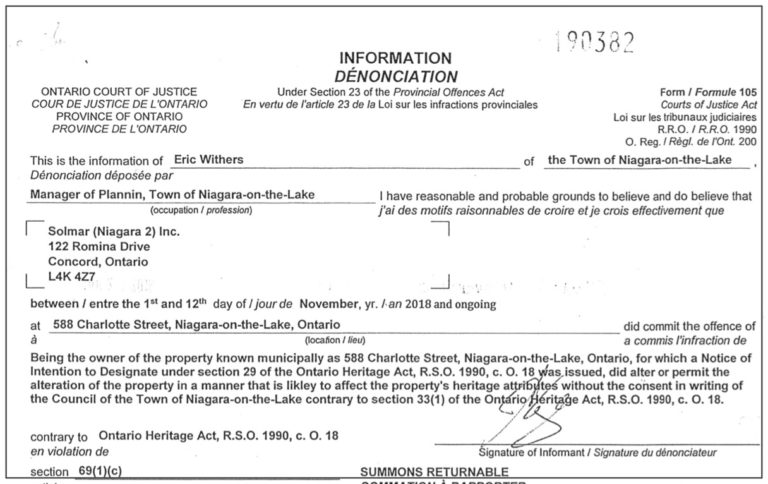 NOTL charges against Solmar under Heritage Act