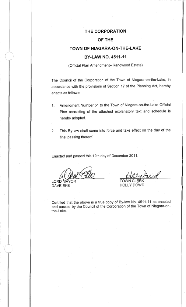 By-law 4511-11 for Romance Inn proposal for Randwood site