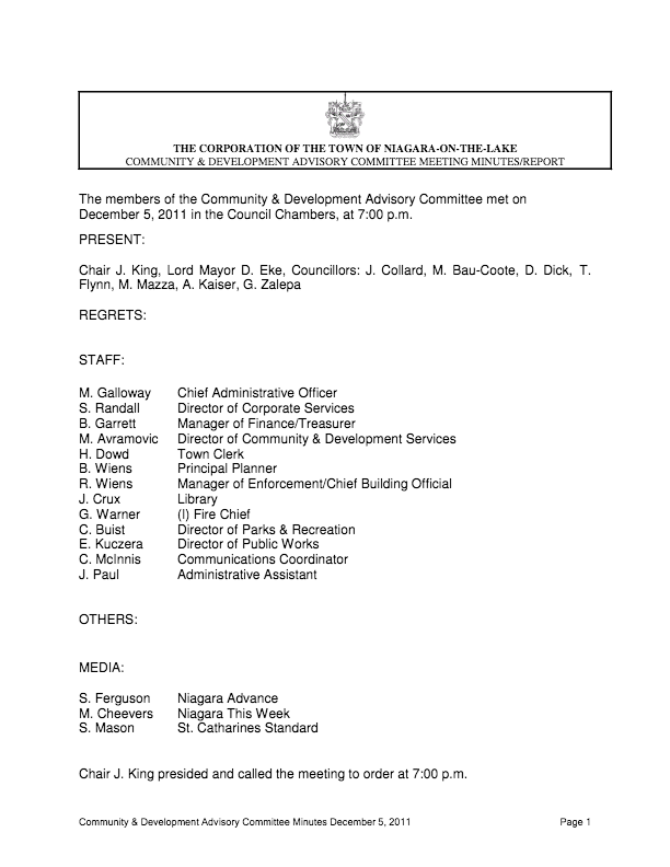 Community & Development Advisory Committee minutes Dec 5 2011