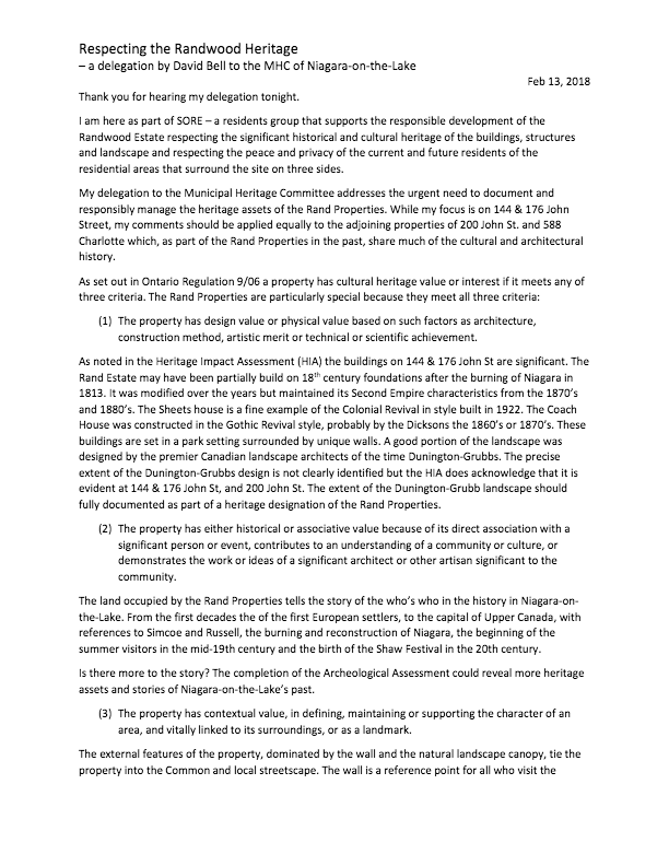 David Bell to Municipal Heritage Committee Feb 13 2018