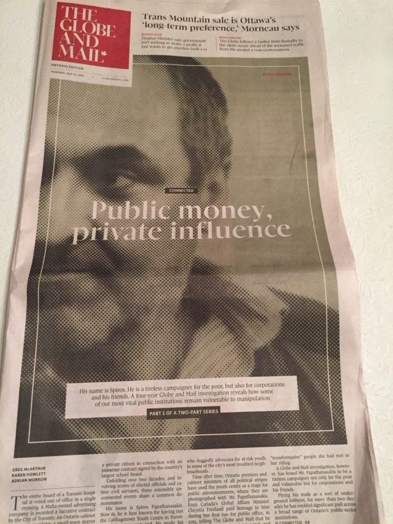 Front page of Globe & Mail May 31 2018 investigative article 