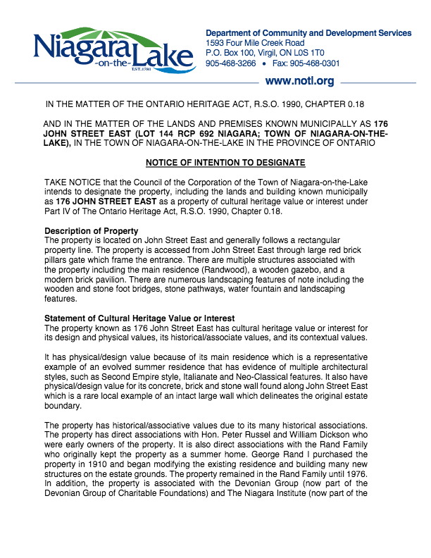 176 John Street East - Notice of Intention -