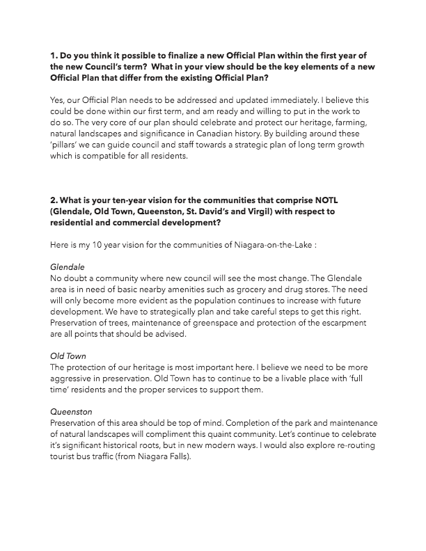 Andrew Niven is a candidate for Council in the upcoming NOTL election who provided responses to SORE’s 7 questions.