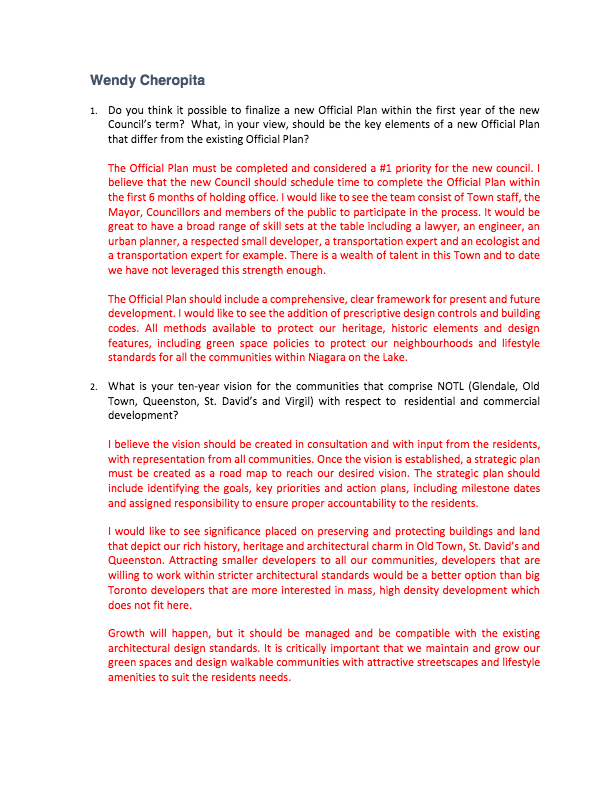 Wendy Cheopita is a candidate for Council in the upcoming NOTL election who provided responses to SORE’s 7 questions.